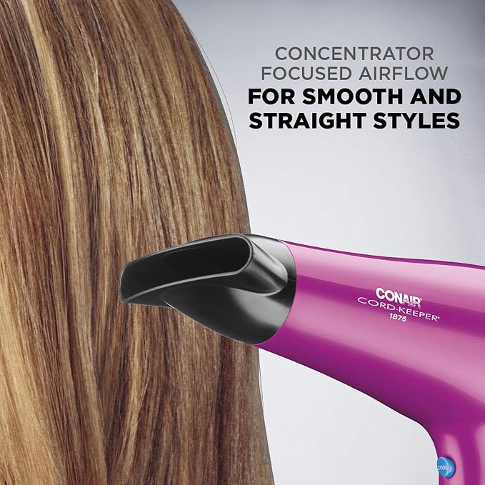 Conair HairDryer with Retractable Cord, 1875W Blow Dryer, 3 Heat Settings, 2 Speeds, BlowDryer with Diffuser and Concentrator Attachments, Ionic + Tourmaline Technology, Pink (Pack of 4)