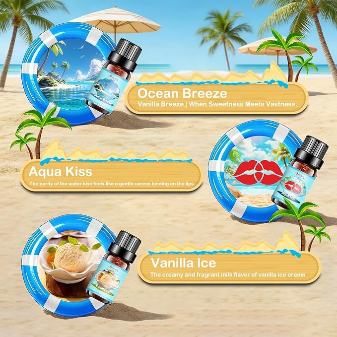 Summer Fragrance Oils Set, Premium Essential Oils for Diffuser, Natural Aromatherapy Oils for Soap Candle Making - Ocean Breeze, Coconut, Pineapple, Bali Island, Vanilla Ice Cream, Aqua Kiss