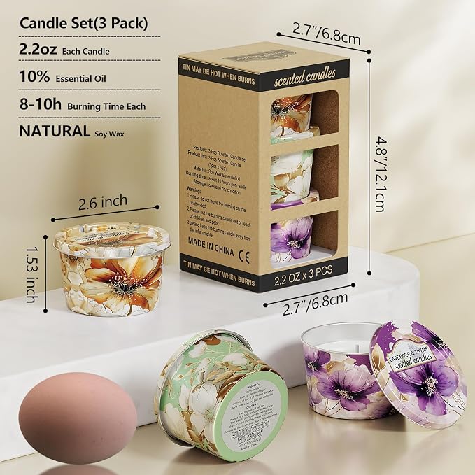 3 Pack Scented Candles-Lavender & Thyme, Vanilla Cake, Jasmine & Musk & Sandalwood, Travel Tin Candle Set, 2.2oz Each, 8-10h Burn Time, Soy Wax, Cotton Wick