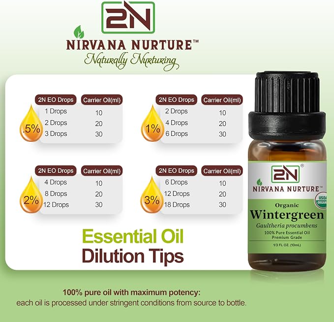 Wintergreen Essential Oil, USDA Certified Organic, 100% Pure Undiluted, Aromatherapy Oil for Diffuser, Hair & Skin Care