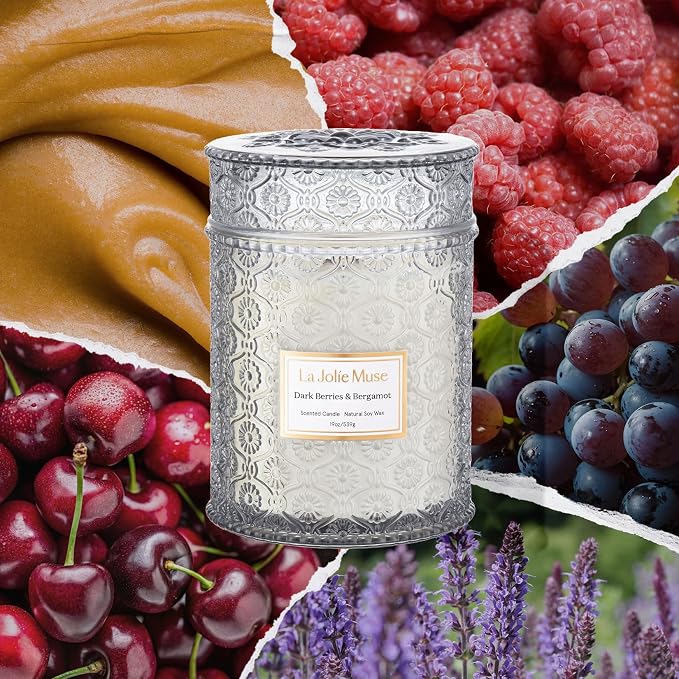 LA JOLIE MUSE Dark Berries Bergamot Scented Candles for Home,19 oz Soy Wax | Large Jar Luxury Candle, Clean Non Toxic, Gifts for Women & Men, Decorative Summer Candles, Wood Wick, Citrus Grape Cherry