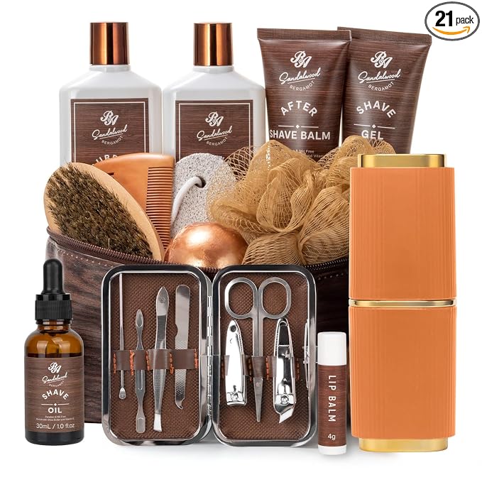 21 Pcs Sandalwood Bath & Body Care Gift Basket Set for Men, Father's Day Gifts for Dad, Men Skin Care Gift Set, Leather Bag, Home Spa Kit, Birthday,Anniversary, Christmas, Boyfriend