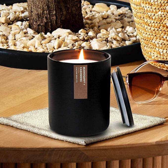 Calyan Wax Co. Mahogany & Cashmere Scented Candle - 75 Hour Burn - Luxury Clean Soy Wax Candles - Long Lasting Black Tumbler Jar Candle for Home - 10.2oz