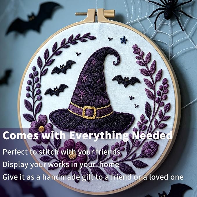 FONNUY Halloween Embroidery Kits for Beginners,Skull Pumpkin Spider Web Floral Stamped Cross Stitch Kit for Adults, Spooky Season Boho Wall Decor, 8'' Hoop (Witch Hat)