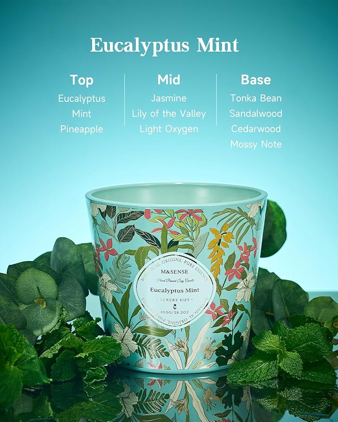 M&SENSE Eucalyptus & Mint Scented Candle, 28.2oz 3 Wick Natural Soy Wax Large Candles, Long Lasting Clean Slow Burning No Toxic Décor for Home Relaxation, Romantic Dates Gift-Giving