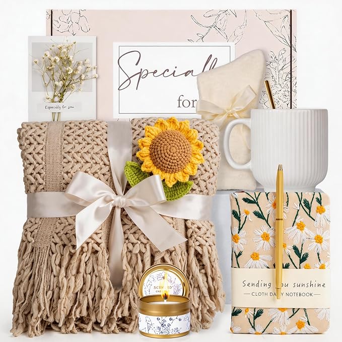 Birthday Gift Baskets for Women, Get Well Gifts for Women, Care Package Self Care, Thank You, Sympathy Friendship Sending Sunshine Sunflower Gift Basket for Mom, Grandma, Sister, Friends, Girls, Her
