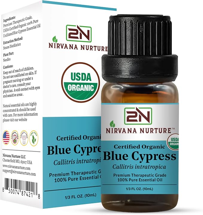 Blue Cypress Essential Oil, USDA Certified Organic, 100% Pure Undiluted, Aromatherapy Oil for Diffuser, Hair & Skin Care