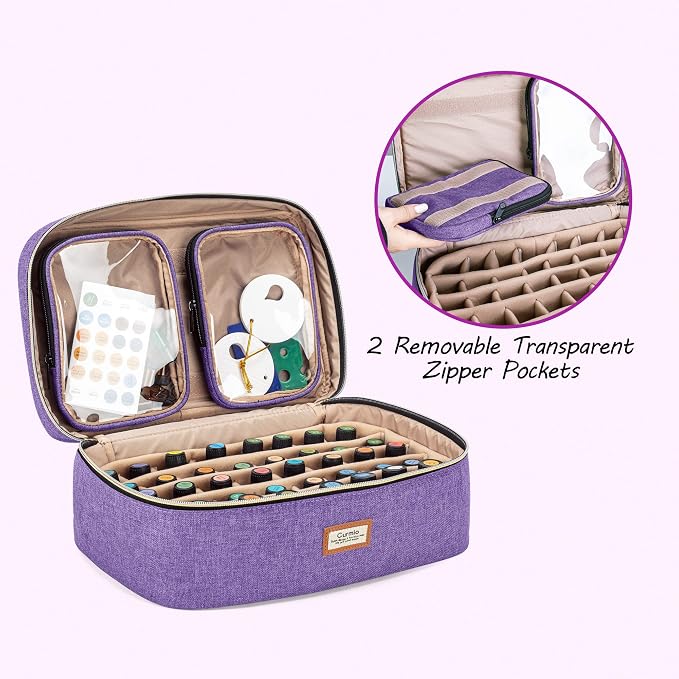 CURMIO Essential Oil Storage Case for 40 Bottles (5ml-30ml), Essential Oils Organizer Case with 2 Detachable Visible Pouches and Portable Handle, Patented Design, Purple (Bag Only)