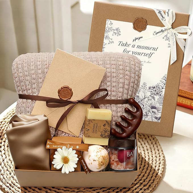 Self Care Gifts Baskets for Women, Spa Care Package for Women, Birthday Gift Get Well Soon Gifts Thinking of You Gift Baskets Summer Home Spa Set with Bonnet & Massgae Comb for Mom Friends, Brown