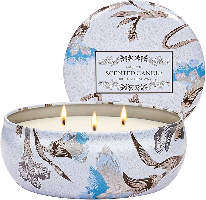 M&SENSE Happy Gardenia Scented Candles 12 oz | Large 3 Wick Soy Tin, Over 40 Hour Burning Time, 100% Natural Vegan Wax, Relaxing Aromatherapy, Gift for Women Men