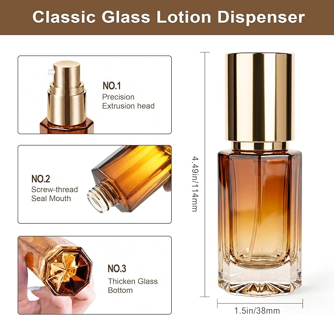 1oz Travel Pump Bottle, 30ml Gradient Glass Liquid Dispensing Bottle with 3 Transfer Tools, Leak-Proof Small Refillable Makeup Containers for Toiletries, Lotion, Essential Oils (Coffee Gradient)