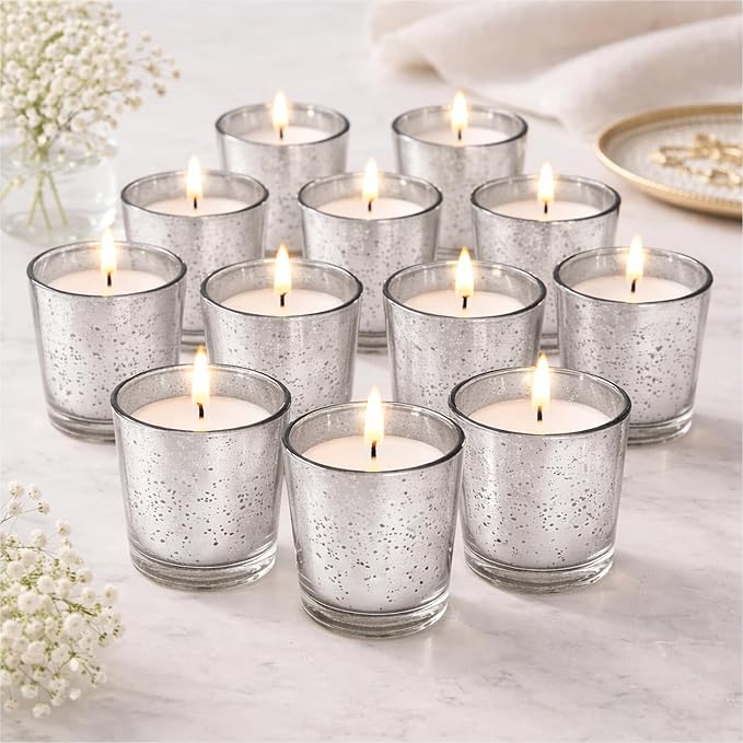 Hosley Set of 24 Silver Mercury Filled Glass Votive Candles. Ideal Gift for Weddings, Bridal Showers, Parties, Home Decor, and Special Events