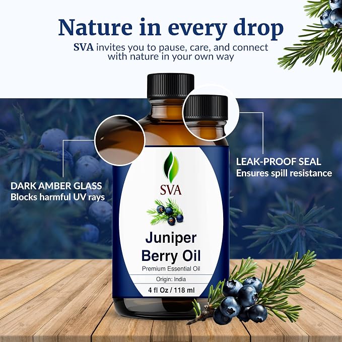 SVA Juniper Berry Essential Oil – 4 Fl Oz – 100% Natural Juniper Oil - for Diffuser, Hair Care, Face, Skin Care, Aromatherapy, Scalp and Body Massage, Soap and Candle Making – with Dropper