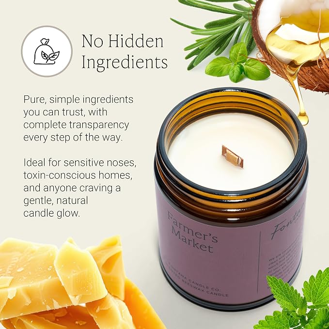 Fontana Candle Co Wood Wick Beeswax Jar Candle, Farmer's Market – Made Safe with Coconut Oil & Pure Essential Oils – 35+ Hrs Clean Burn, Long Lasting and Non-Toxic Candles for Home & Room Decor