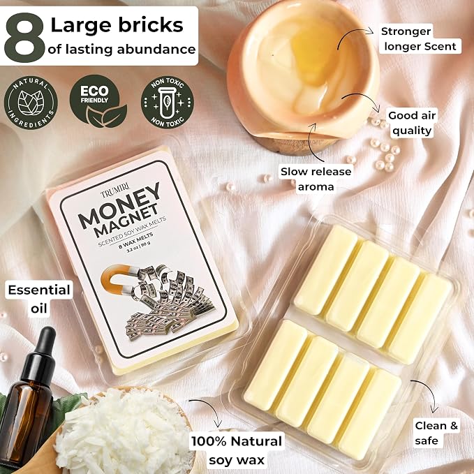 TRUMIRI Money Magnet Scented Wax Melts - Made with Non Toxic Soy Wax and Essential Oils - Long Lasting Strong Scent Pet Safe Candle Wax Cubes Tarts for Warmers - to Attract Money and Wealth