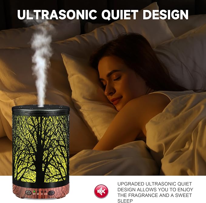 Essential Oil Diffuser 120ML Metal Aromatherapy Diffuser with Timer, Cool Mist Humidifier with Auto Shut-Off & 7 Color Lights for Home Office Spa (Tree)