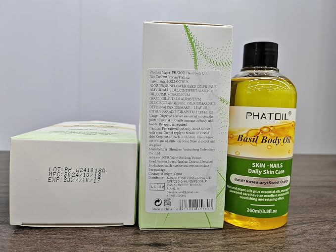 PHATOIL Basil Body Oil with Pump, 260 ml (8.8 fl.oz) Multi-Purpose Massage Oil Basil Oil, Blends of Natural Plant Oils and Essential Oils, Great for Skin Care, Body Oils for Women and Men