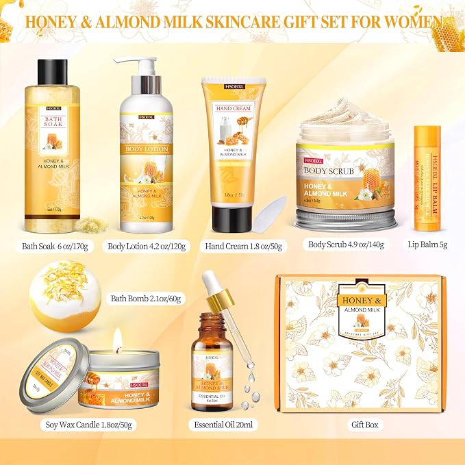 Gifts for Women, Birthday Gift for Women, 9 Pc Almond Milk & Honey Bath and Body Gifts Set, Self Care Gifts Spa Gift Basket, Relaxing Bath Sets for Mom, Girlfriend, Sister, Female Friends, Coworker