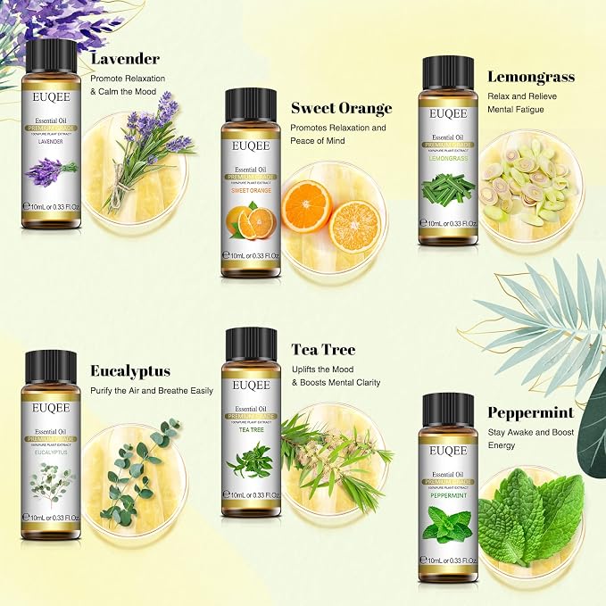 EUQEE 6 Pcs Pure Essential Oils Set, Premium Classic Scent Kit for Diffuser, Massage, Bath, DIY Crafts, Home Fragrance – Lavender, Eucalyptus, Peppermint, Tea Tree, Sweet Orange, Lemongrass