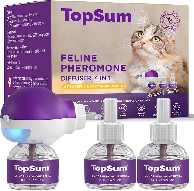 TopSum Cat Calming Pheromone Diffuser: Feline Pheromones Plug in for Stress, Alone At Home, Spraying, Fighting, Scratching, Aggression & Excessive Meowing (Purple–1 Diffuser+3 Refills)