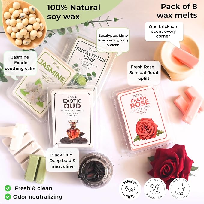 TRUMIRI Scented Wax Melts Variety Pack Exotic Oud|Fresh Rose|Eucalyptus Lime|Jasmine - Made with Non Toxic Soy Wax and Essential Oils - Long Lasting Strong Scent Pet Safe Candle Wax Cubes for Warmers