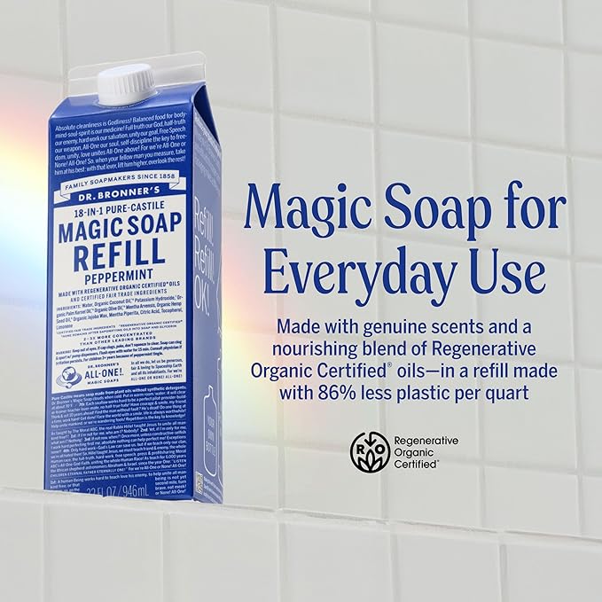Dr. Bronner's Magic Soap-Pure-Castile Liquid Refill (Peppermint, 32 ounce, 2-Pack) - Regenerative Organic Certified Oils, For Body, Hair, Laundry, Pets & Dishes, Concentrated, Vegan, Non-GMO