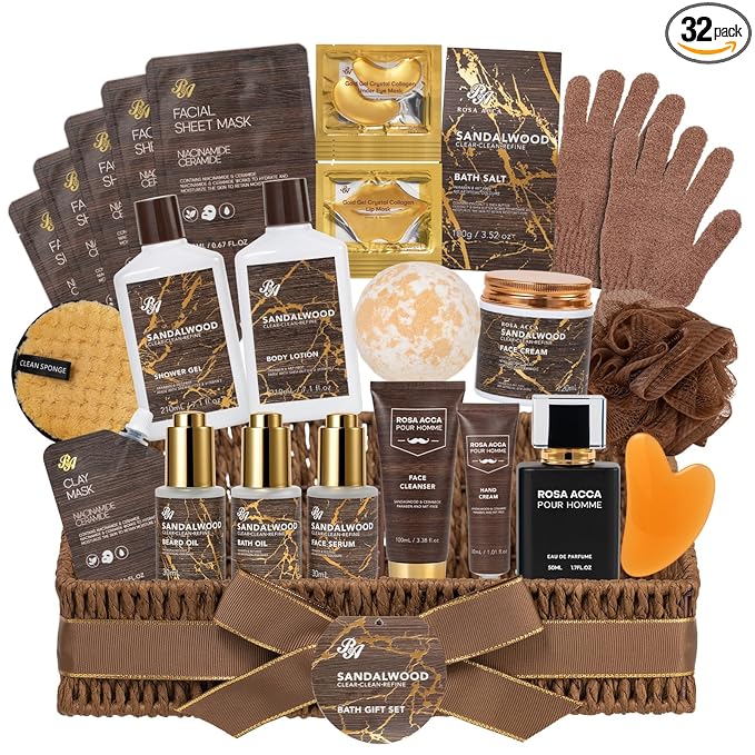 Sandalwood 32 Pcs Bath & Body Gift Basket for Men, Beard Grooming Set, Face Skin Care Kit, Men Home Spa Gift Set, Bath Bomb, Bear Oil, Birthday, Christmas, Valentines, Father's Day, Dad, Anniversary