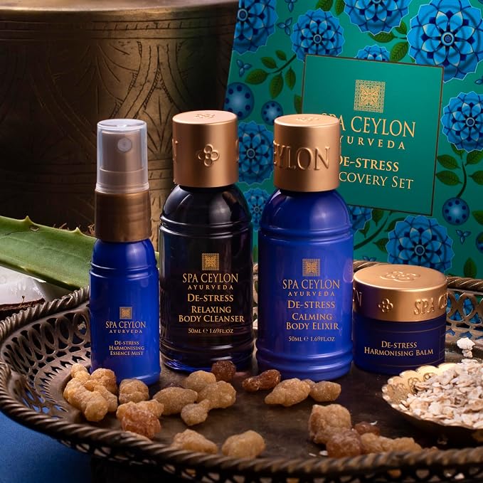 Spa Ceylon Ayurveda De-Stress Discovery Set - 4-Piece Natural Calming Gift Set with Frankincense, Sandalwood & Tangerine - Body Cleanser, Body Elixir, Essence Mist & Balm