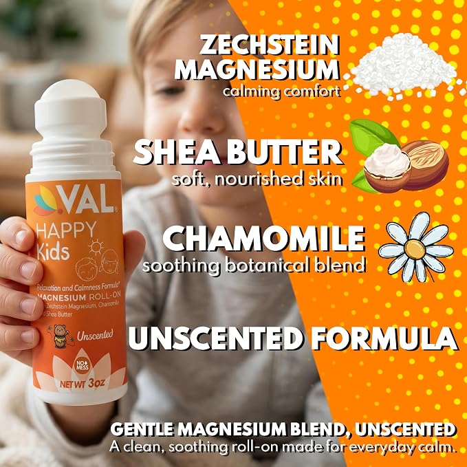 VAL Happy Kids Unscented Magnesium Roll-On, Relaxation & Calm Formula for Kids, Zechstein® Magnesium with Chamomile & Shea Butter, Fragrance-Free, 3 oz
