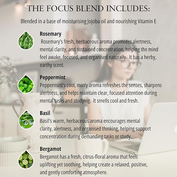 Absolute Aromas Focus Aroma-Roll Roller Ball - Contains 100% Pure, Natural Rosemary, Basil, Bergamot Essential Oil