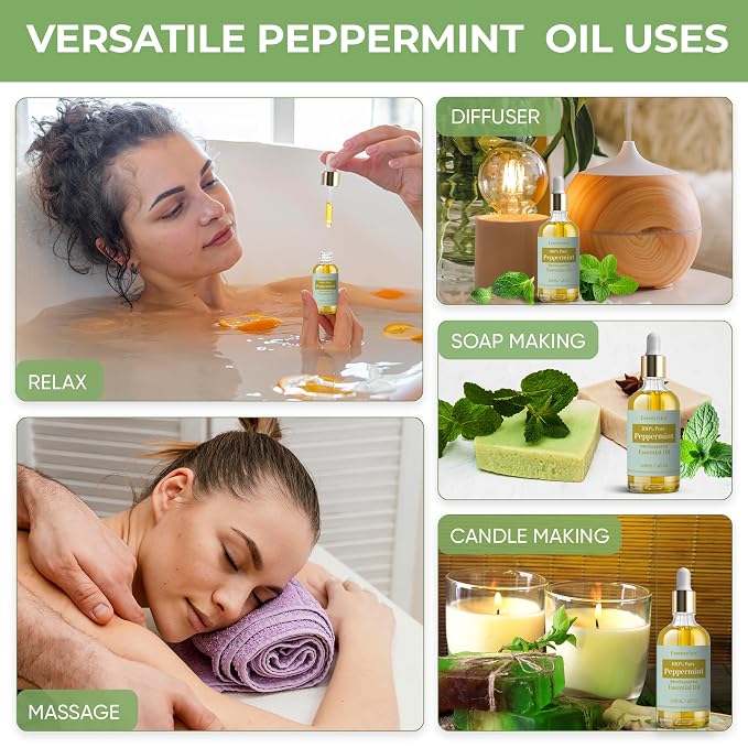 Peppermint Essential Oil 4 oz - 100% Natural- Infused with Olive & Sunflower Oils - Organic Peppermint Oil for Diffuser, Skin, Face & Hair Care