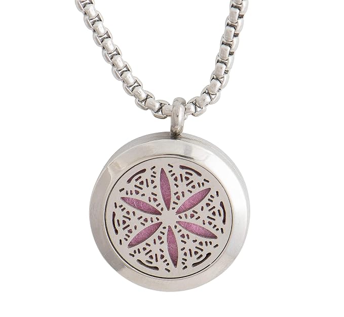 Wild Essentials Flower of Life Essential Oil Diffuser Necklace, Stainless Steel Locket Pendant with 24 inch Chain, 12 Color Refill Pads, Customizable Color Changing Perfume Jewelry for Aromatherapy