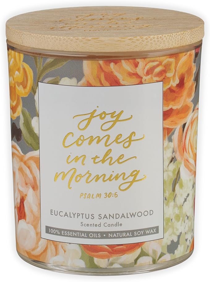 Christian Art Gifts Soy Wax Scented Candle: Eucalyptus Sandalwood Scent, Joy Comes in the Morning Bible Verse, Pure Essential Oil, 4.5oz, 20 Hours Burn Time, Glass Jar w/Bamboo Lid, Encouragement Gift