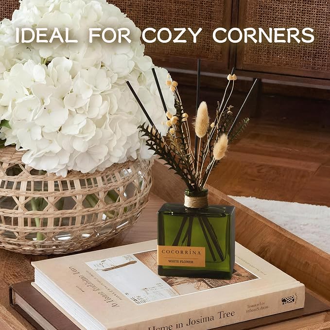 COCORRÍNA Reed Diffuser, 6.76 oz White Flower Scent Reed Diffuser with 6 Sticks & Dried Flowers, Long Lasting Elegant Fragrance Home Décor for Bathroom Bedroom Office