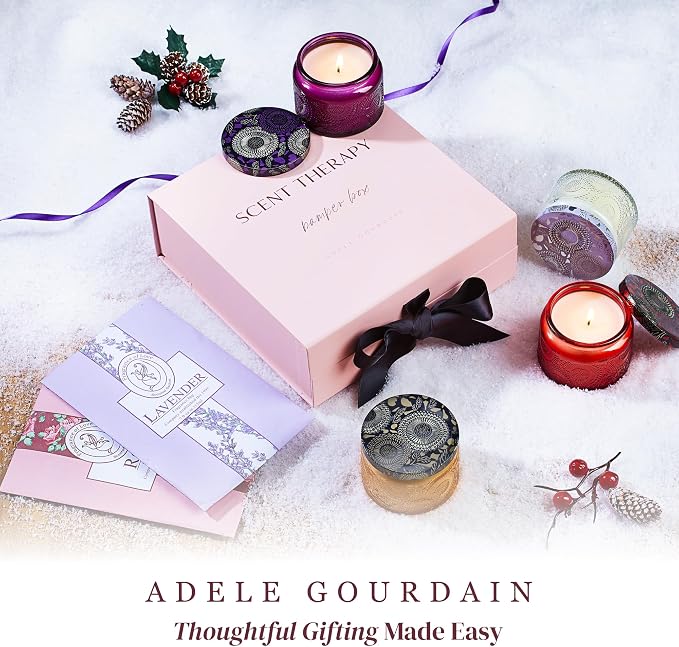 ADELEGOURDAIN Aromatherapy Scented Gift Set - 4 Soy Wax Candles & 2 Fragrance Sachets - Calming Jasmine, Bergamot, Berry & Breeze Scents in Glass Jars - Home, Bath & Relaxation Mother's Day Presents