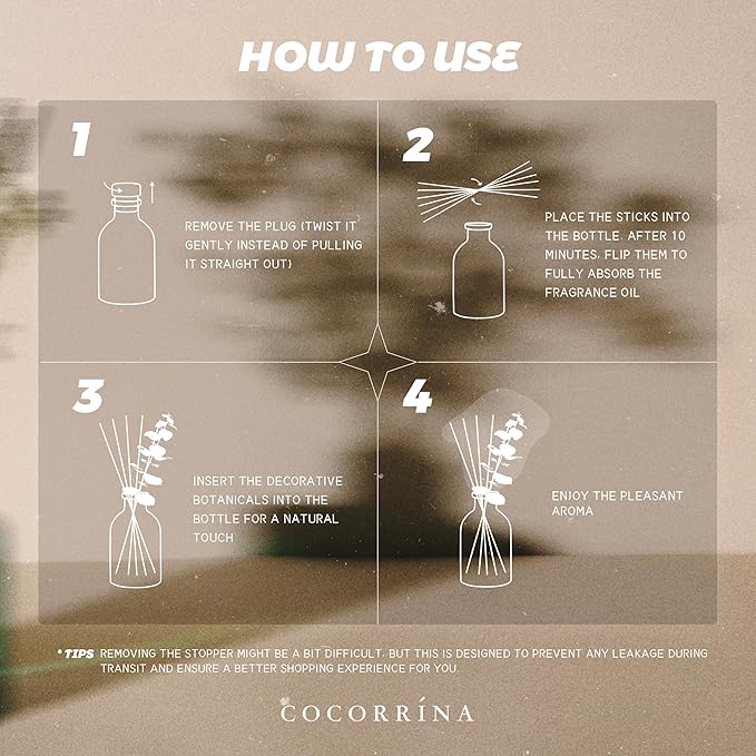 COCORRÍNA White Flower Reed Diffuser – 6.76 oz Essential Oil with 8 Reeds & Real Eucalyptus Sticks, Home Fragrance for Bedroom or Bathroom Décor