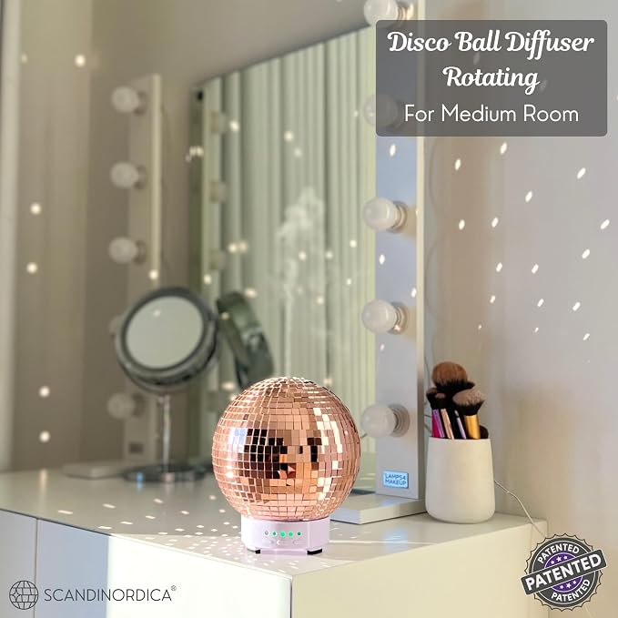 SCANDINORDICA Disco Ball Diffuser - Original Rotating Disco Essential Oil Diffuser with Whisper Quiet Operation, 14 Color Night Light & 4Time Settings | Cute Eclectic Decor for Medium Room Rose Gold