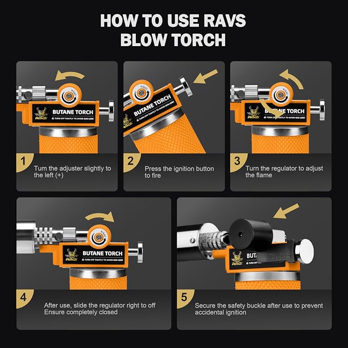 RAVS Butane Torch Lighter, Creme Brulee Torch with Adjustable Flame, Premium Metal Kitchen Torch for Baking, BBQ, DIY, Orange, Butane Gas Not Included