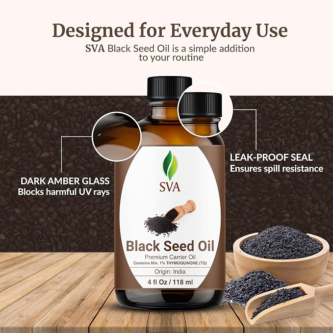 SVA Black Seed Oil - 4 Fl Oz - for Face, Skin Care, Hair Care, Scalp Massage & Body Massage – Carrier Oil with Dropper