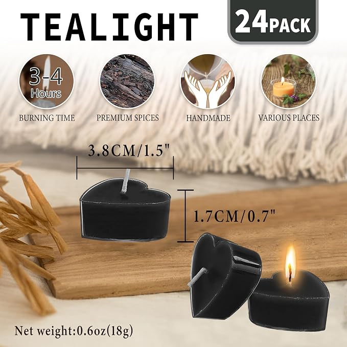 Smoked Sandalwood Scented Heart Tealight Candles, Black Scent Tea Lights Candles Clear Cup, 24 Pack Colored Tealights Candle, 4 Hour Burn Time Tea Candles for Weddings Romantic Decor