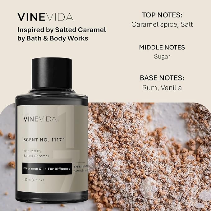 VINEVIDA [4 Fl Oz] Scent NO. 1117 Fragrance Oil for Cold Air Diffusers, Aromatic Notes of Caramel Spice, Salt, Sugar, Rum & Vanilla Essential Oils for Diffuser Oil Refill & Air Freshener Spray