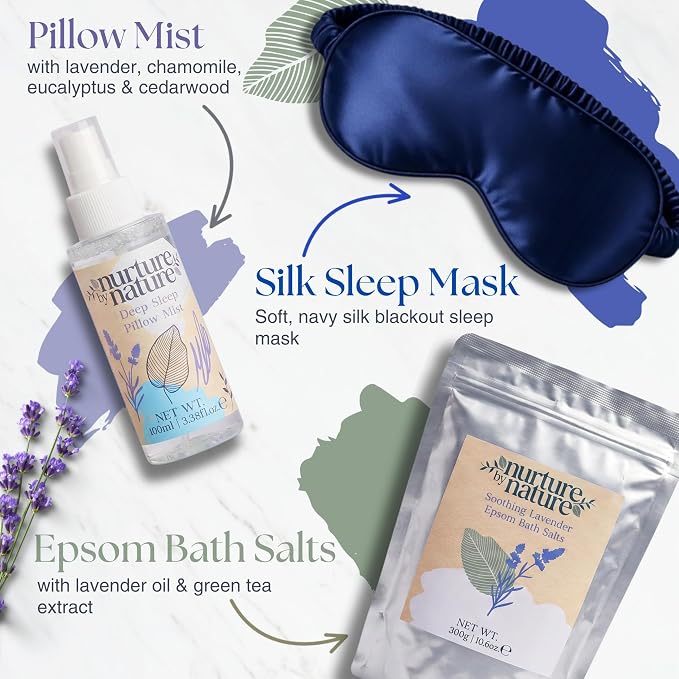 Nurture by Nature New Mom Self Care Gift Set with Body Scrub, Lavender Pillow Spray, Sleep Mask, Body Butter, Shower Gel & Bath Salts - Vegan Friendly - Stocking Stuffer, Baby Shower Gift Basket