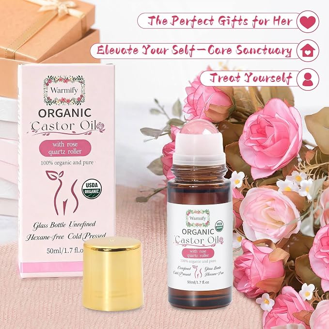 Organic Castor Oil with Rose Quartz Roll On for Body 50ml Large Bottle, Crystal Roller for Skin Moisturizing, Stretch Marks & Dry Areas, Cold-Pressed, Hexane-Free, Relaxing Self-Care Gifts for Women