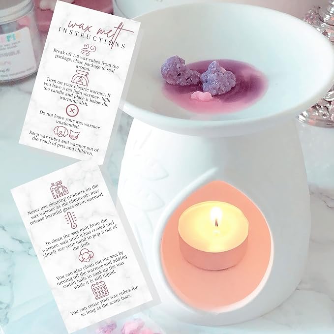 Wax Melt Care Instruction Cards | 50 Pack 2x3.5” Business Card Wax Melt Supplies Homemade Customer thank you for Warmer Minimalist Marble Mauve Pink How To Care for wax cube clamshell wickless candle