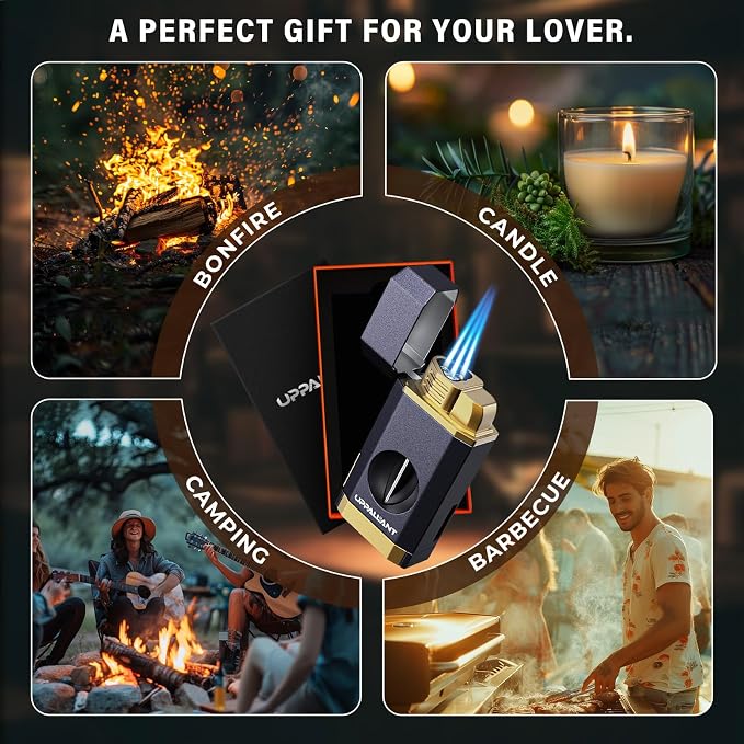 Triple Flame Torch Lighter with Built-in V Cutter, Holder and Draw Enhancer Tool, Butane Refillable Torch Lighter, Multifunctional Accessories Gift, Windproof Lighters for Candles and Outdoors