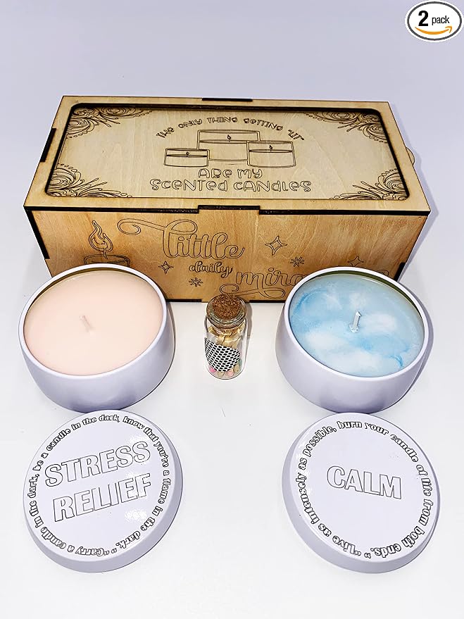 Aromatherapy Scented Candles Set of 2. 4oz Each. Calm and Stress Reliefs Aromatherapy Fragrance. Laser Cut and Engraved Box.