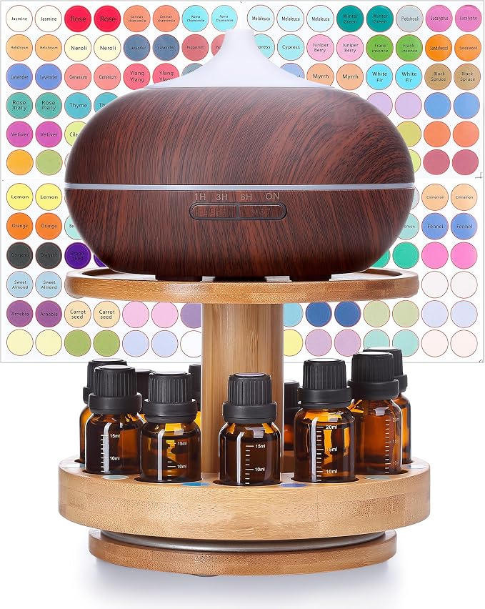 TJ.MOREE Bamboo Essential Oil Organizer 2-Tier Carousel Holder | Bamboo Material, Fits 5 ml to 30 ml Essential Oil Bottles, Suitable for Home and Office Spaces
