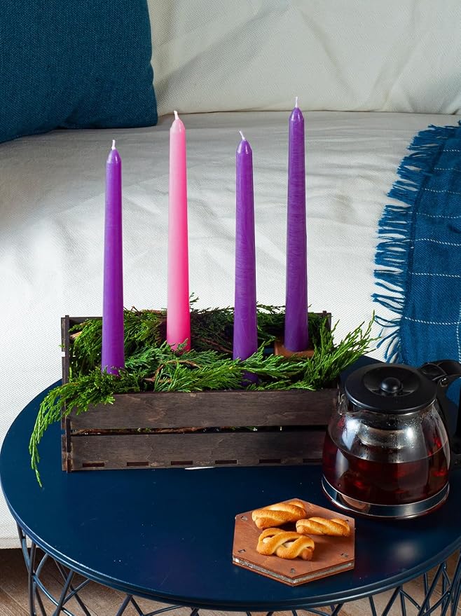CANDWAX 12 Inch Advent Taper Candles Set of 4 - Long Burning Dripless Unscented Tapers - Perfect for Advent Wreaths, Christmas Décor - 3 Purple Tapers, 1 Pink Tapered Candle