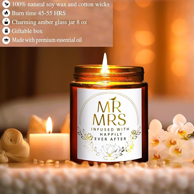 Mr and Mrs Scented Candle - Wedding Gifts for Bride, Groom - Engagement Gift for Her, Bride to Be - Gifts for Bridal Shower, Newlywed, Married Couples Anniversary Valentines Gift for Women Men