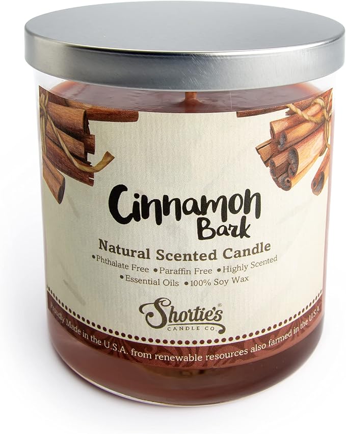 Cinnamon Bark Scented Natural Soy Candle, Essential Fragrance Oils, 100% Soy, Phthalate & Paraben Free, Clean Burning, 9 Oz.